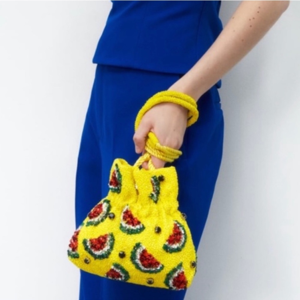 Zara Yellow Beaded Bag with Watermelon Design